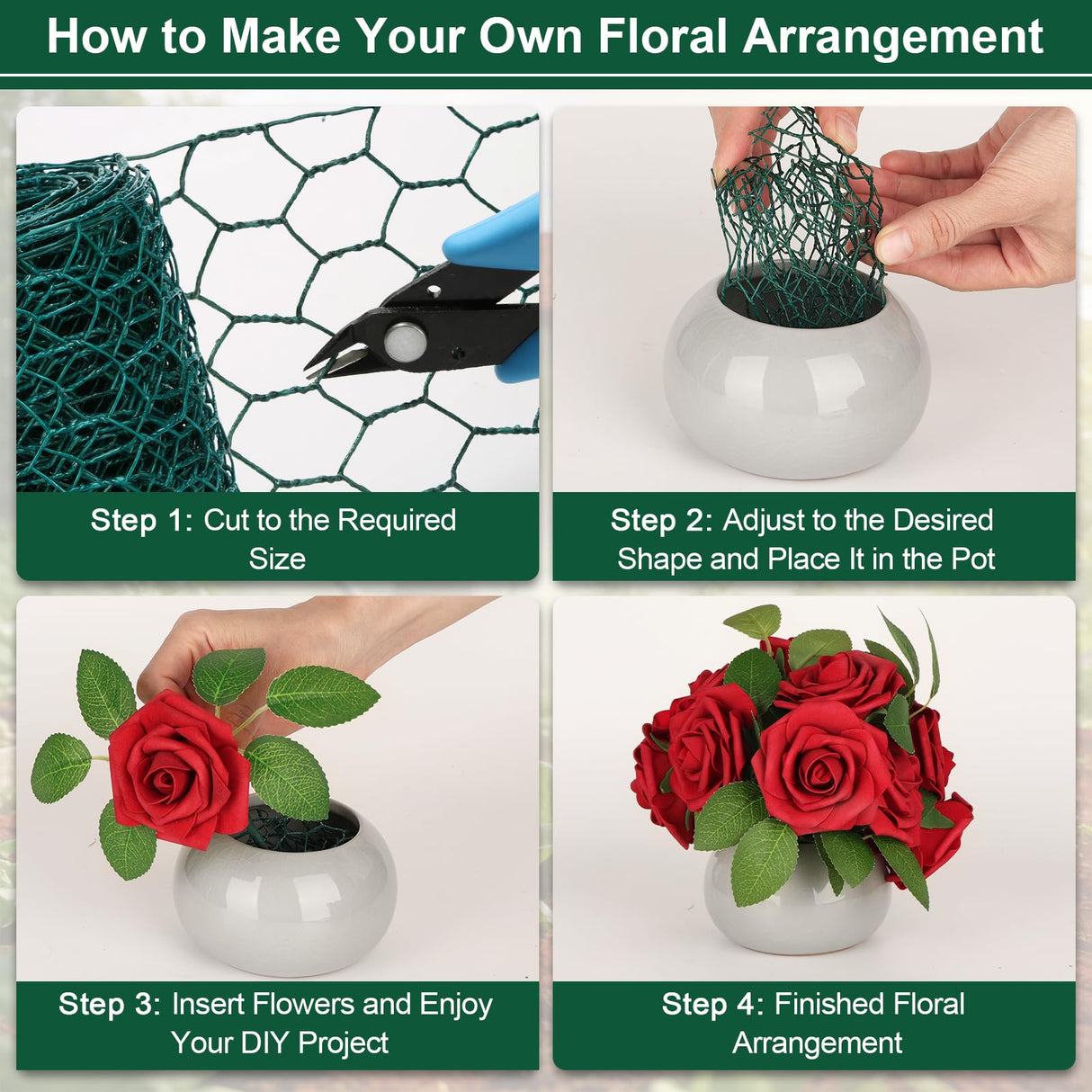 Floral Chicken Mesh for Craft, 4 x 236 Inch Galvanized Hexagonal Netting Roll, Lightweight Garden Poultry Fence for Coop & Rabbit, Metal Mesh Kit with Gloves, Ties and Plier