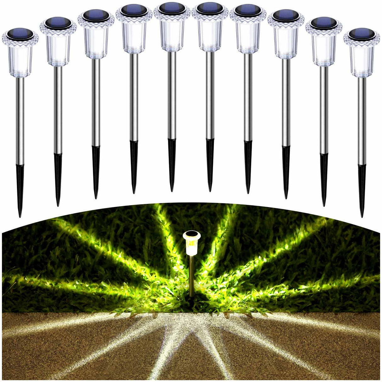 Gorrzai Solar Lights Outdoor 10 Pack Solar Pathway Lights Outdoor LED Waterproof Stainless Steel Driveway Lighting for Outdise, Yard, Walkway, Sidewalk, Garden, Lawn (Warm White)