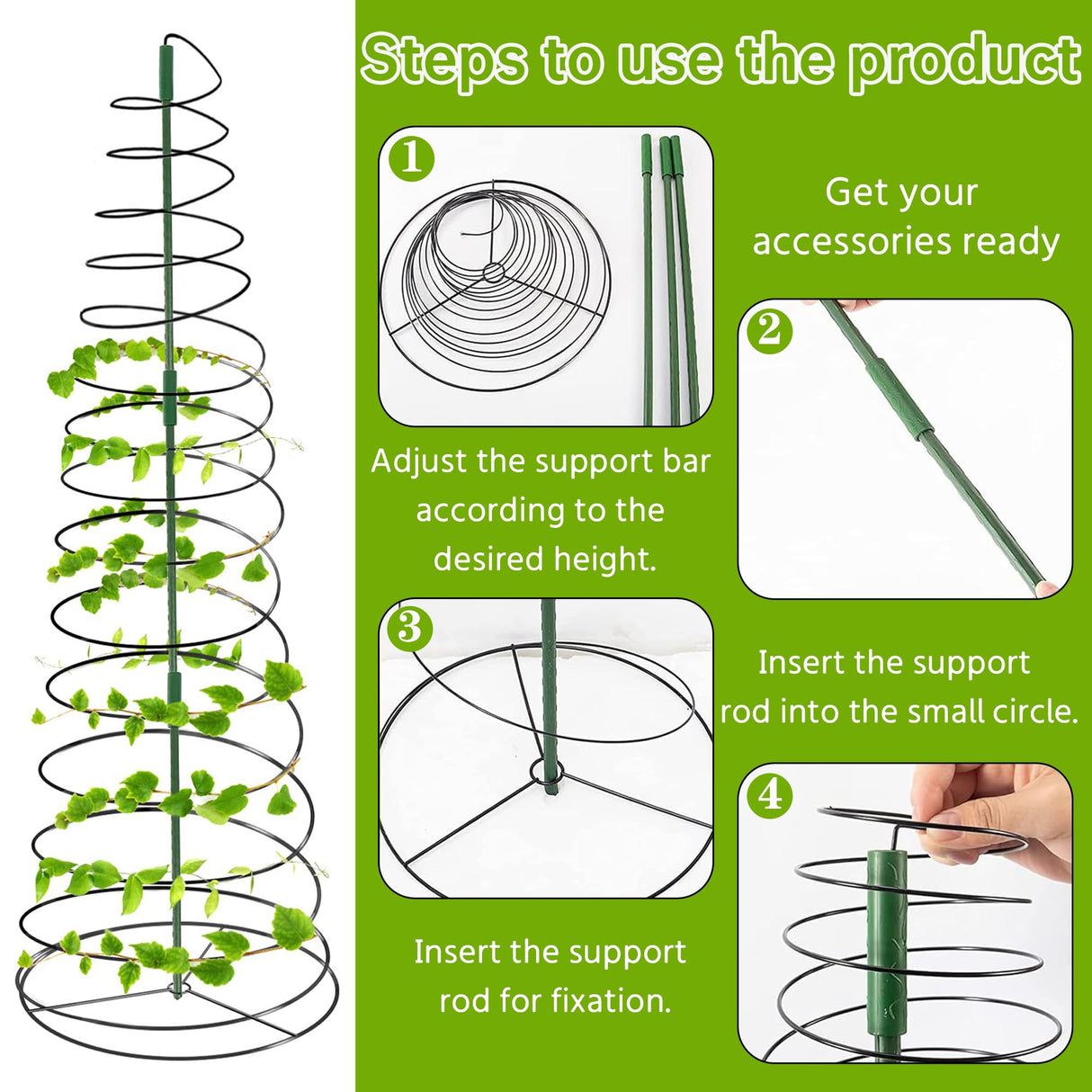 3 Pack 53.6" Spiral Plant Support Stakes, Adjustable Metal Pea Trellis for Climbing Plants, Garden Support Rings with 9 Extension Rods & 9 Ground Stakes for Potted Plants, Vegetables, Flowers,Peas