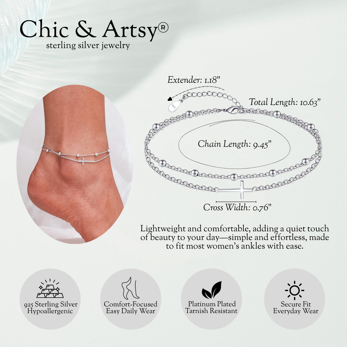 CHIC & ARTSY Cross Anklet 925 Sterling Silver Sideways Cross Ankle Bracelet Christian Layered Anklet for Women Double Chain Sexy Ankle Bracelet 11 inches