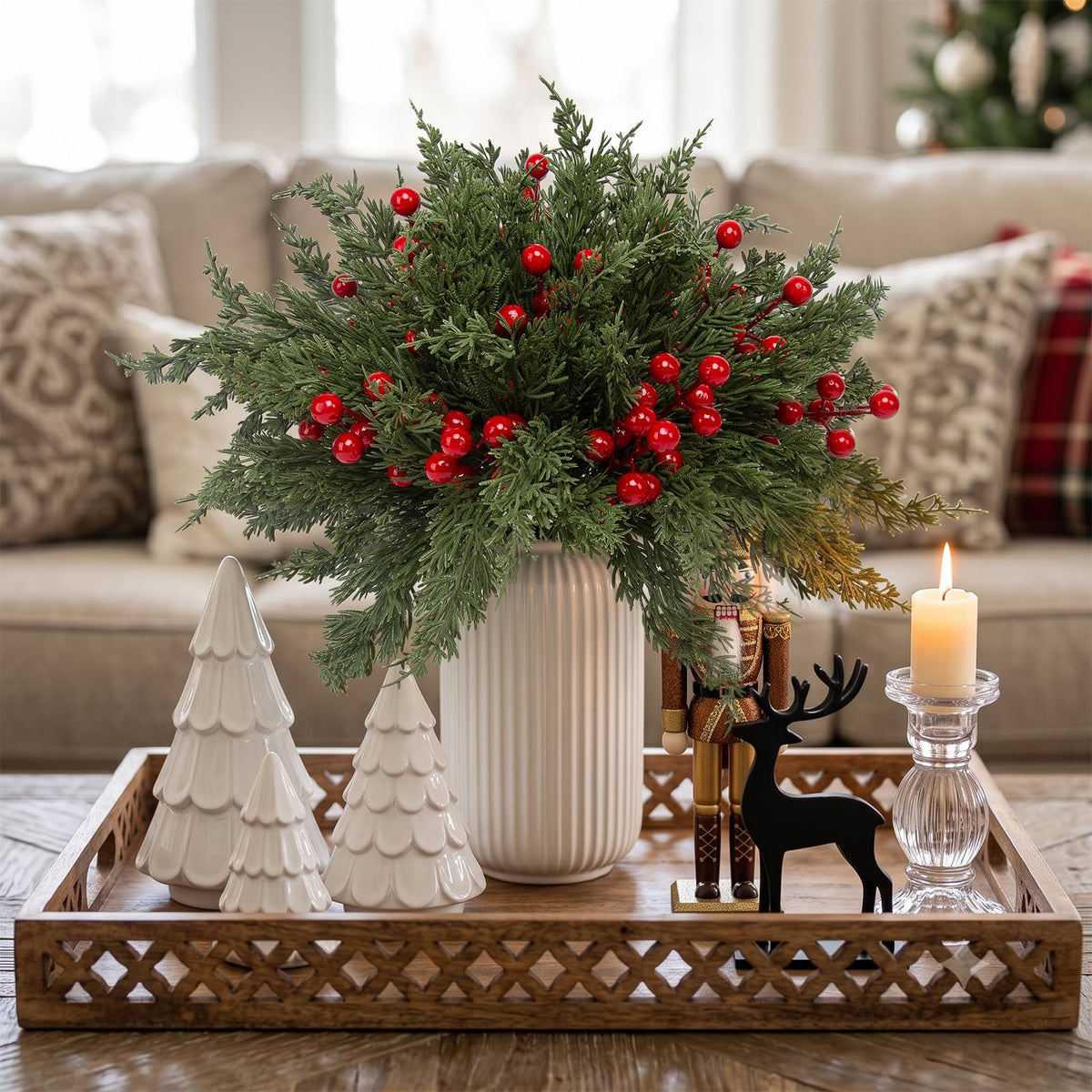 lovemoon 70Pcs Christmas Artificial Pine Stems with Red Berries, Faux Cedar Branches, Fake Christmas Greenery Pine Picks with Berries Stems for DIY Crafts, Garland Wreath & Home Xmas Decor (70)