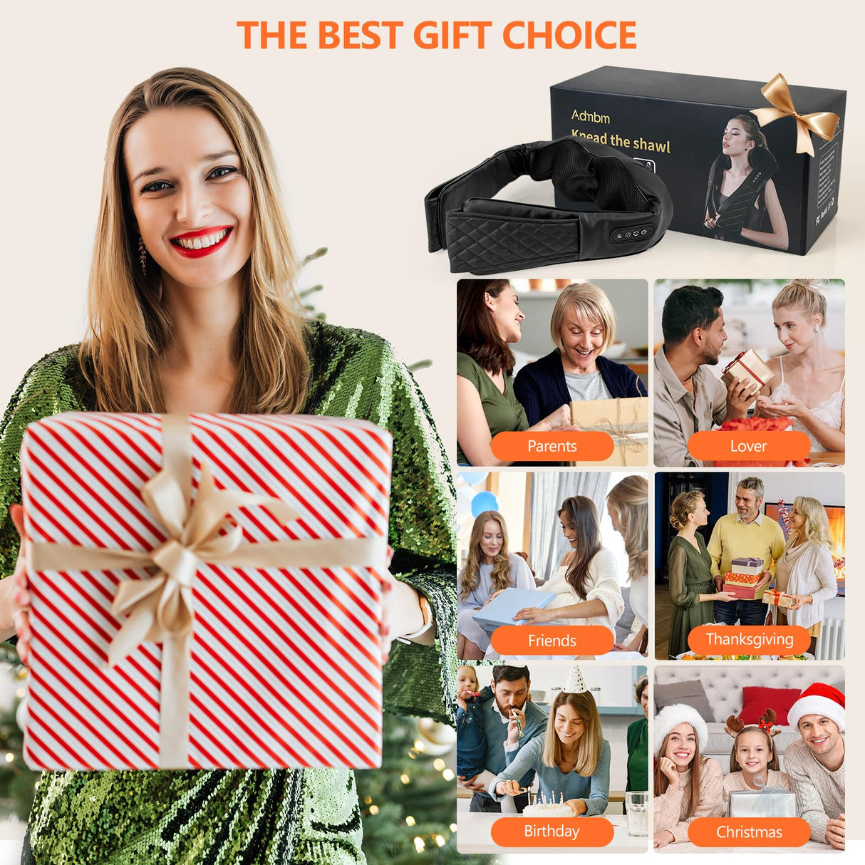 Admbm Rechargeable Neck Massager with Heat Shiatsu Back and Neck Massager Cordless Portable Kneading Shoulder Massage Shawl for Pain Relief Deep Tissue Gifts for Dad Mom Friends