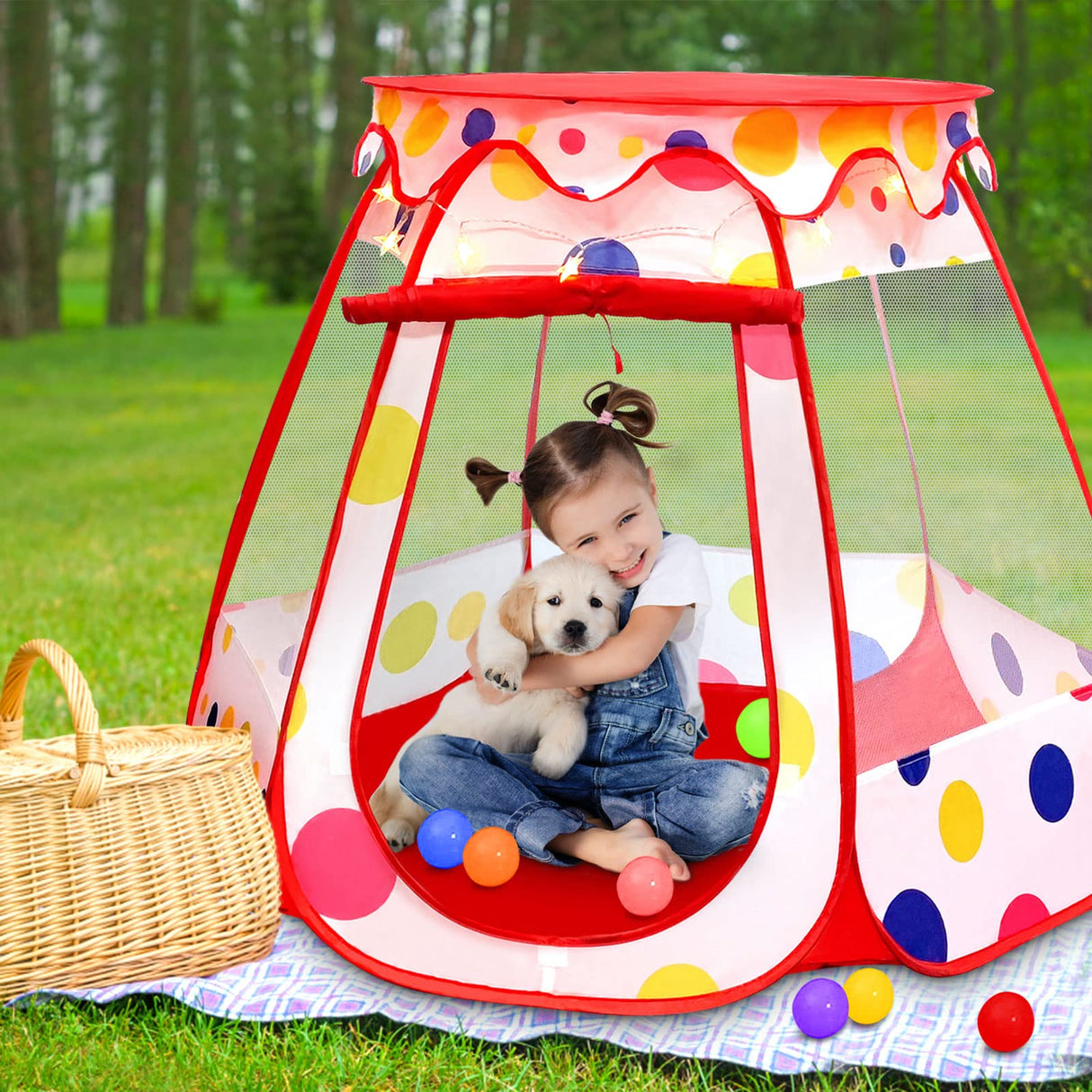 PopUp Princess Tent, Toddler Girl Toys Baby Ball Pit with LED Star Lights, Foldable Kid Play Tent with Carrying Bag, Indoor Outdoor 1 2 3 Year Old Girls Toy Gift for Birthday/ Christmas, Red