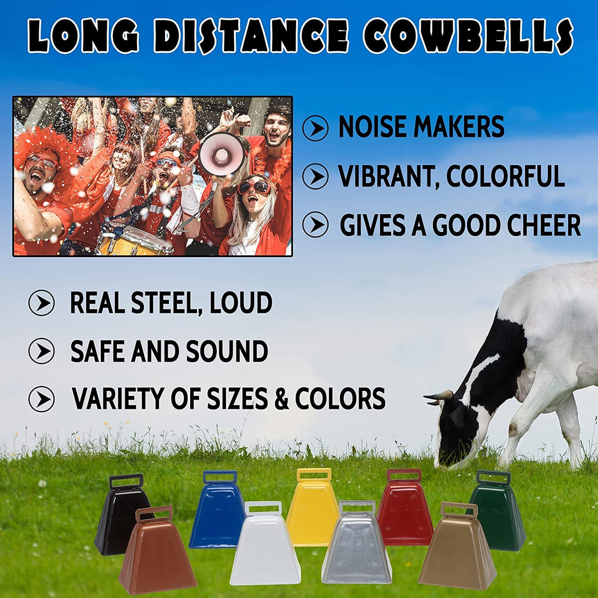 Bevin Bells Long Distance Cow Bells 10LD (Copper & Copper) | Christmas Bells | Made from Steel | Loud Noise Makers | w/White Strap Around The Handle | Easier to Hold | Made in CT, USA