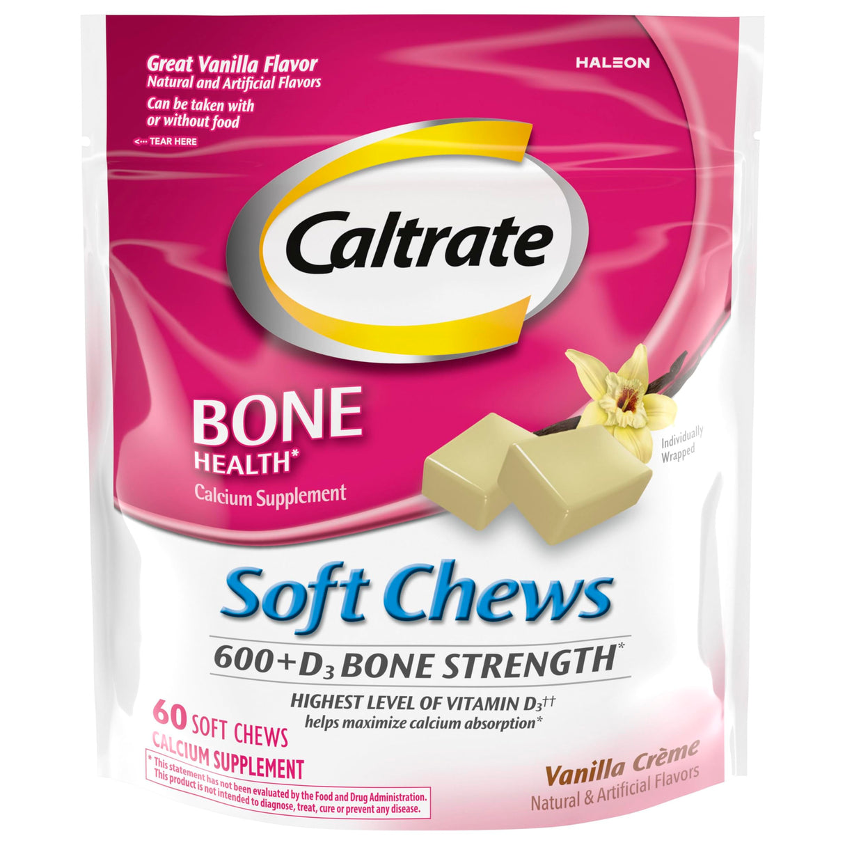 Caltrate Soft Chews 600 Plus D3 Calcium Vitamin D Supplement, Vanilla Creme - 60 Count