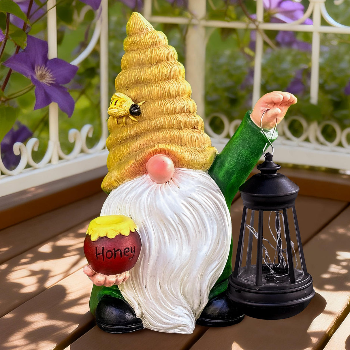 WONDHOME 12.3'' Solar Garden Gnomes Outdoor Decor Honey Bee jar Gnome Statues with LED Lantern Spring Patio Lawn Yard Art Decoration Easter Birthday Christmas Gardening Gifts for Mom Dad, Bee Gnome