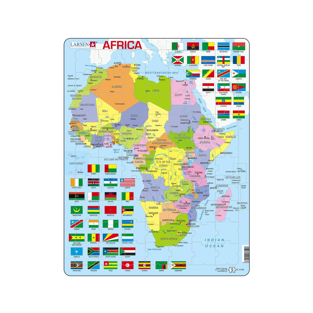 Larsen K13 Africa Political Map, English Edition, 70 Piece Boxless Tray & Frame Jigsaw Puzzle