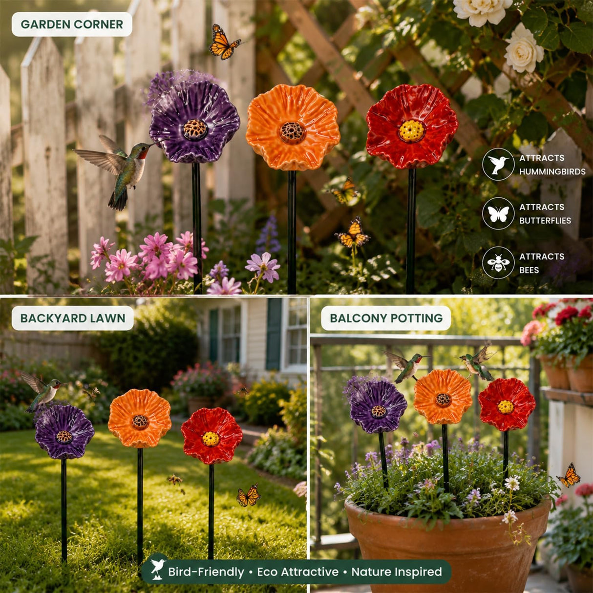 Handmade Ceramic Mini Pollinator Water Station – Colorful Flower Stake, Bee & Butterfly Feeder, Miniature Hummingbird Bath, Outdoor Garden Art Gift for Nature Lovers (6-Pack)