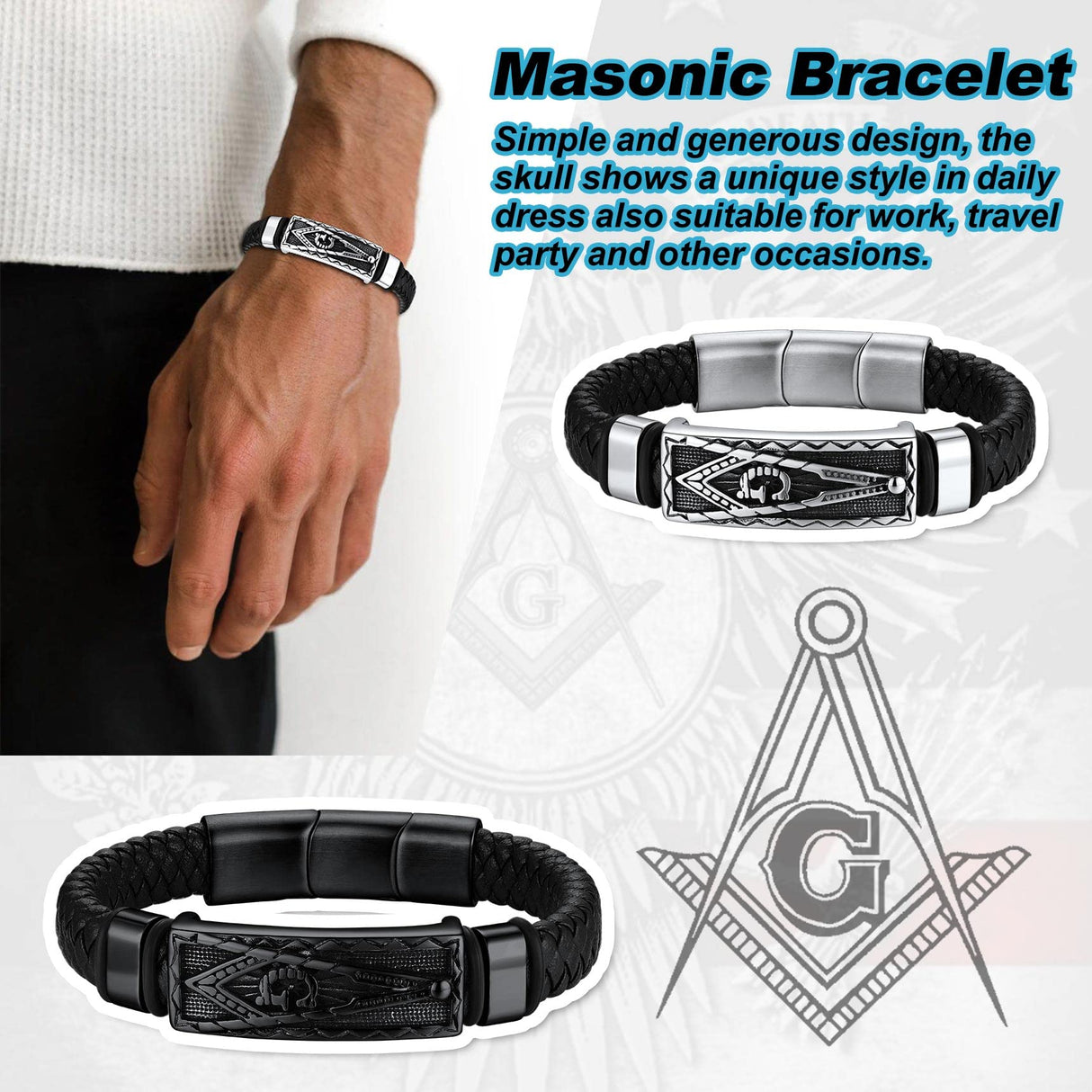 Bestyle Solid Black Freemason Symbol Masonic Leather Braided Bracelets for Men Vintage Cuff Bangle Bracelets Wrist Leather Band With Study Clasp