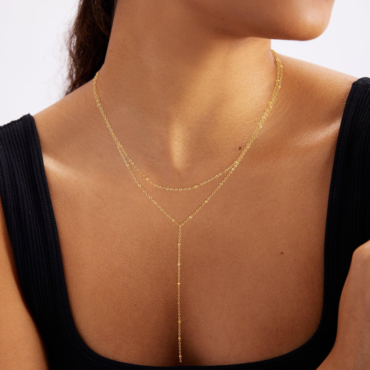 Foxgirl Lariat Gold Necklace for Women, Dainty Long Necklace 14k Gold Plated Satellite Y-Shaped Pendant Necklace Trendy Layered Chain Drop Necklaces Simple Gold Jewelry for Women Gift