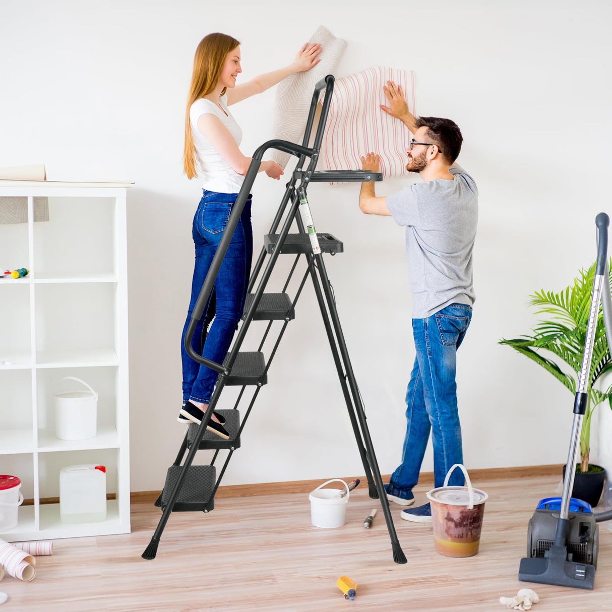 Step Ladder, Folding Step Stool with Wide Anti-Slip Pedals, Sturdy Steel Ladder with Handrail, Space-Saving, Portable for Home & Adults, 5 Step Ladder