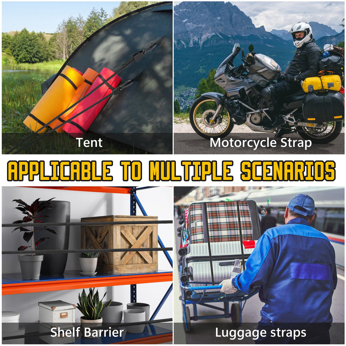 Rugtol Adjustable Bungee Cords with Hooks, 6 Pack Heavy Duty Outdoor Carabiner Bungee Cord, Black Super Elastic Bungee Straps Easily Adjust from 7" to 48", Great for Cargo, Camping, Bike Racks, Tents