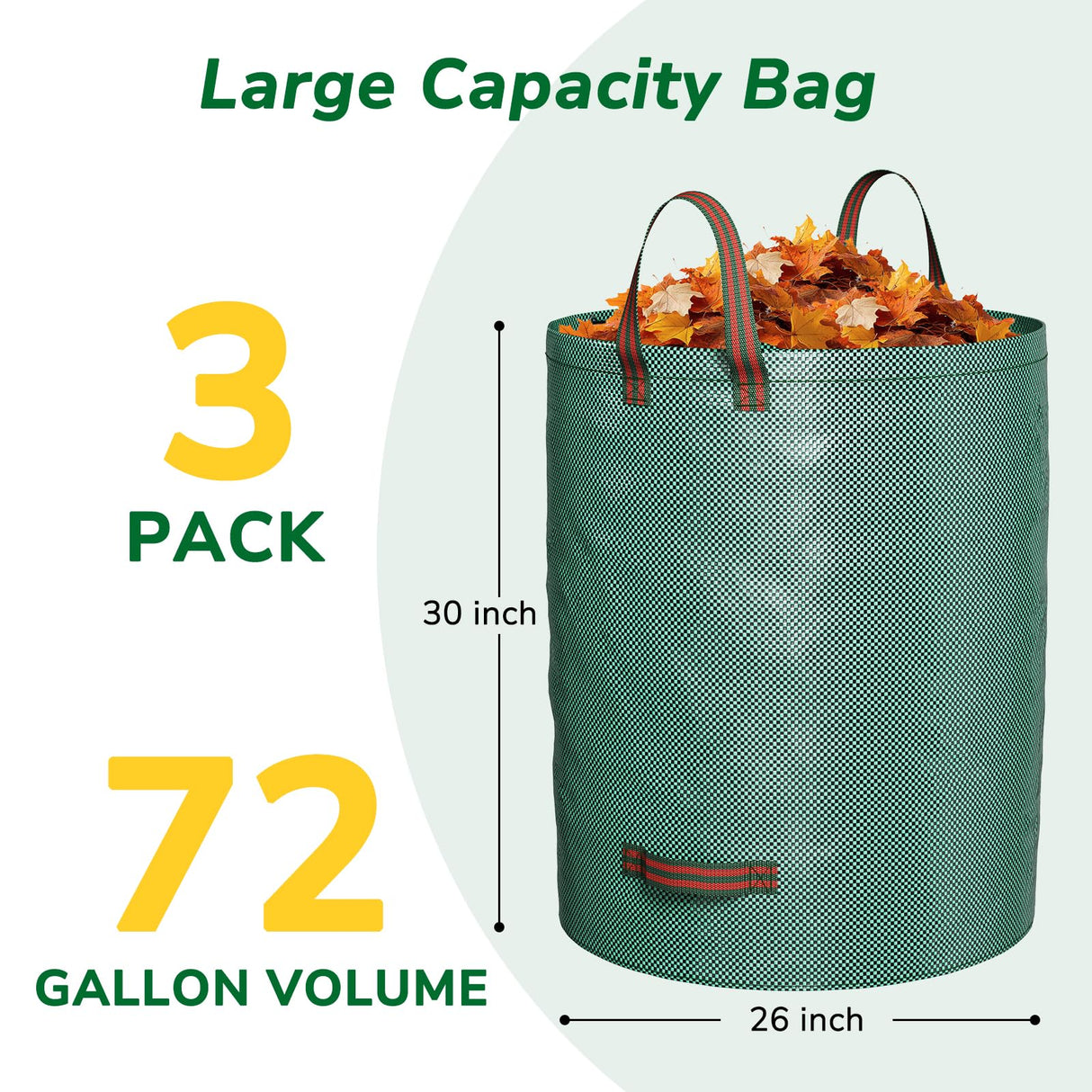 GreatBuddy 72 Gallon Leaf Bags Reusable 3 Pack, Heavy Duty Collapsible Lawn and Leaf Bag, Self-Standing with Top & Bottom Handles, PP Waterproof Yard Waste Bags for Leaves Grass Clippings Debris