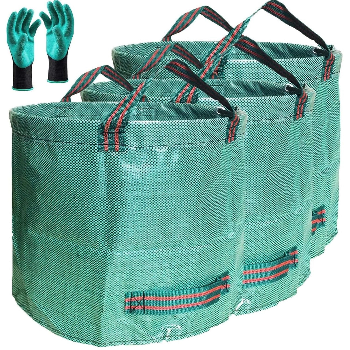 Standard 3-Pack 16 Gallons Yard Garden Bags (D18,H15 inch) W/Gardening Gloves, Reusable Leaf Bags,Grass Clippings,Lawn Debris Bag,Laundry Container,Patio Trash Bin,Yard Waste Bags,Weeds Bag 4 handles