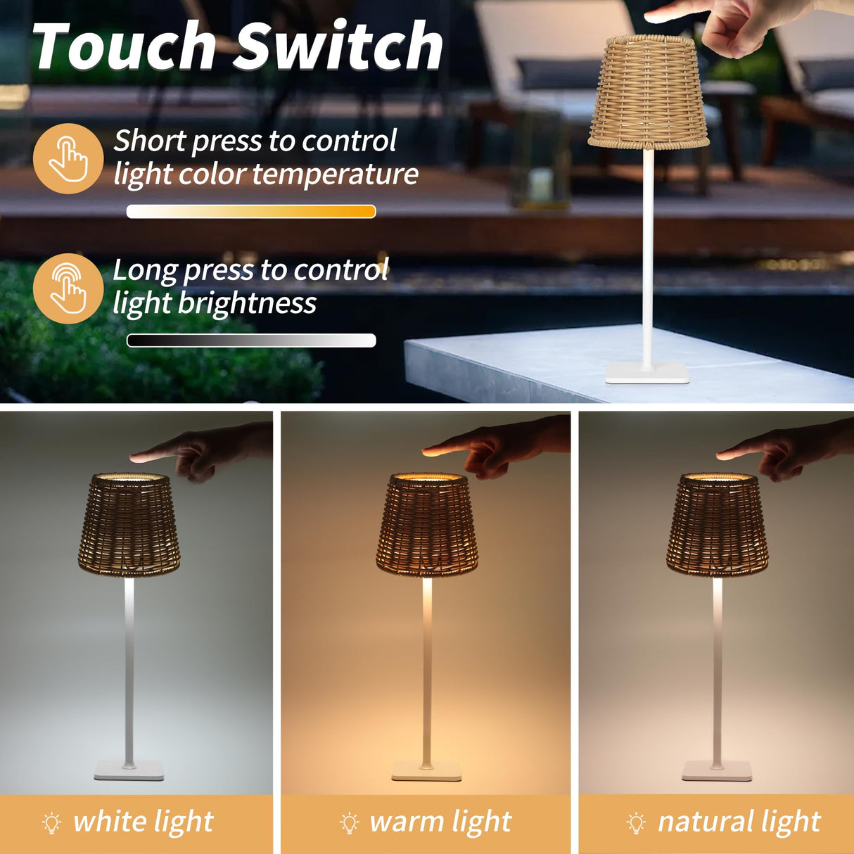 Mr. White Outdoor Waterproof Cordless Set of 2 Rechargeable Portable Top Touch Battery Operated Powered LED Table Lamp Desk Lamp Lights for Restaurant Kitchen Patio Dinner Dining (White 2 Pack)