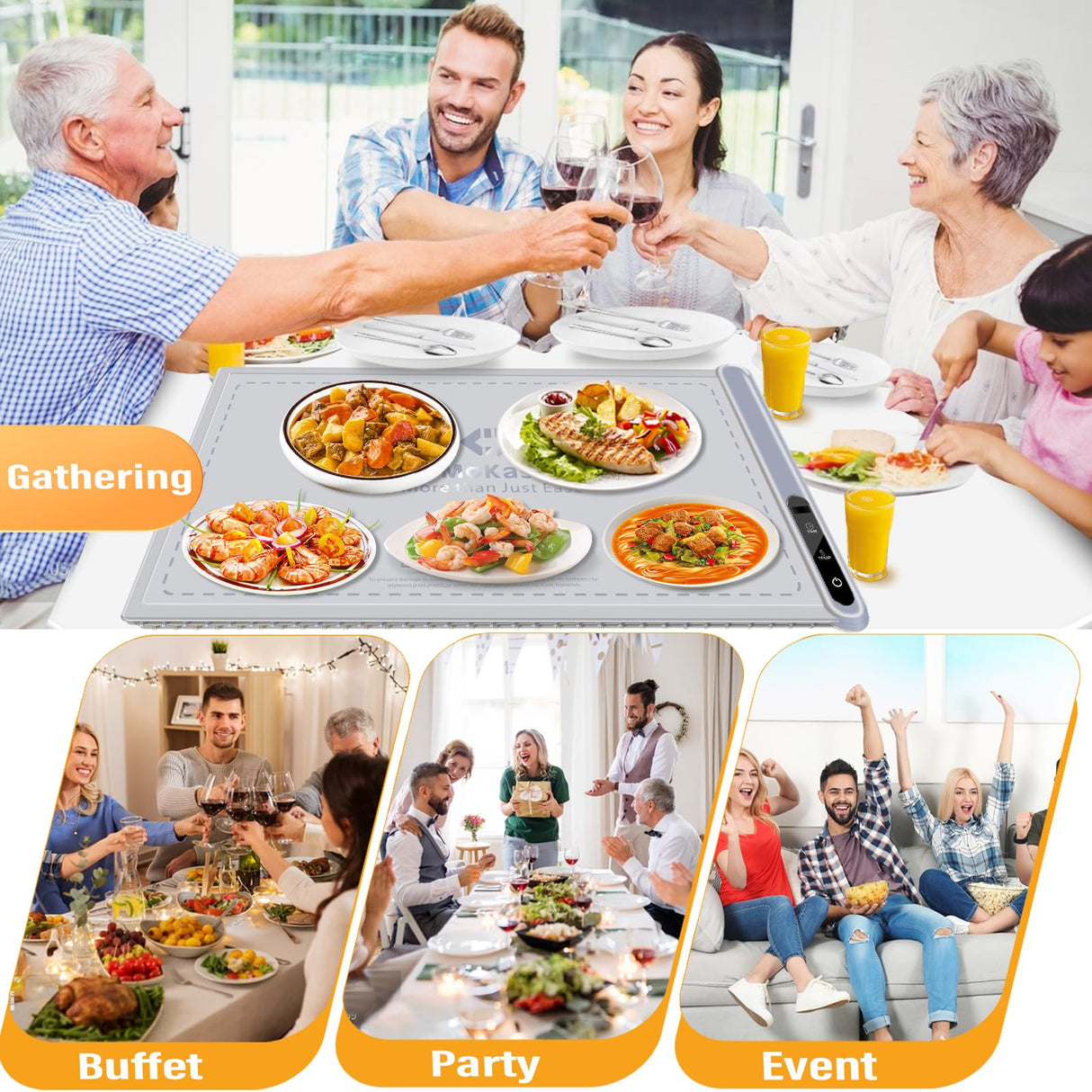 Electric Food Warming Mat Heating:Flameless Silicone Countertop Warmer Tray With 7 Temps 24x16 Inch - Portable Foldable Heat Pad Keep Food Warm For Dinner Serving And Buffet Party - (GRAY)