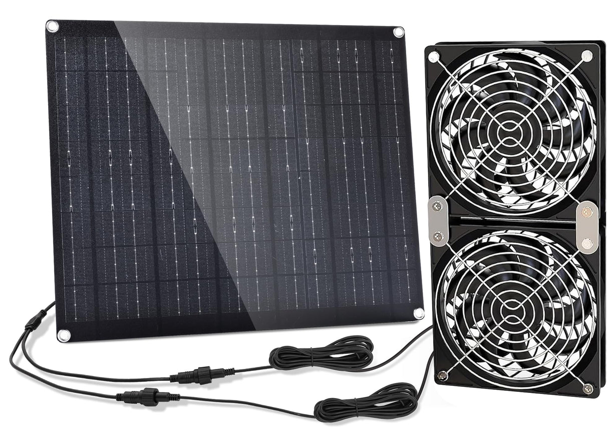 5.5" Solar Fan, Solar Panel Fan, 30W Solar Powered Fan with Dual IPX7 Waterproof Fans for Outside Chicken Coops, Greenhouses, Sheds, Intake or Exhaust Air Fan, Solar Ventilation Fan, Solar Exhaust Fan