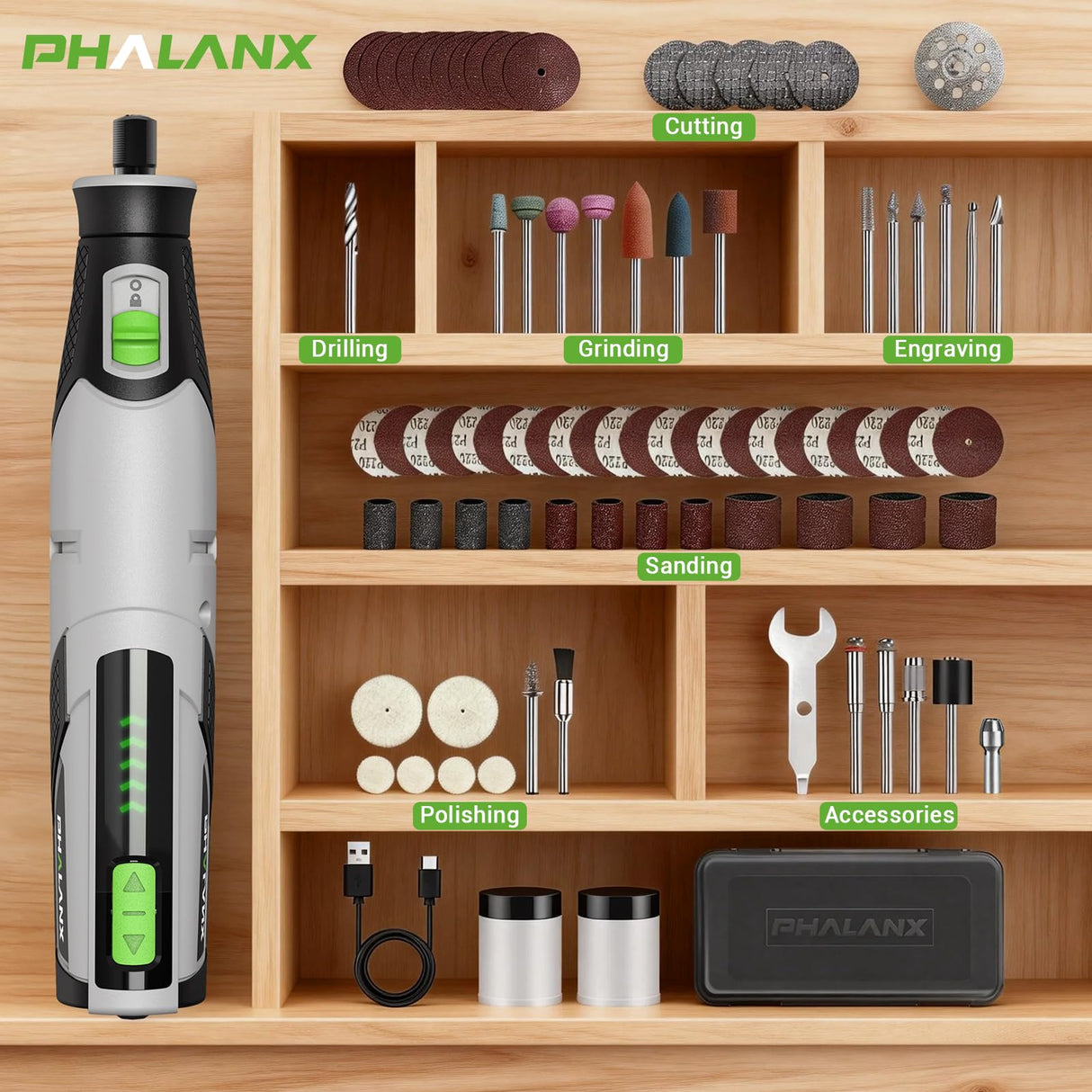 PHALANX Rotary Tool - 4V Cordless Rotary Tool Kit Accessories 80 PCS 2500mAh Battery, Preset 5 Speed Adjustment Grinder Tool for Cutting Sanding Carving Polishing Engraver DIY Crafts(R4-Standard)