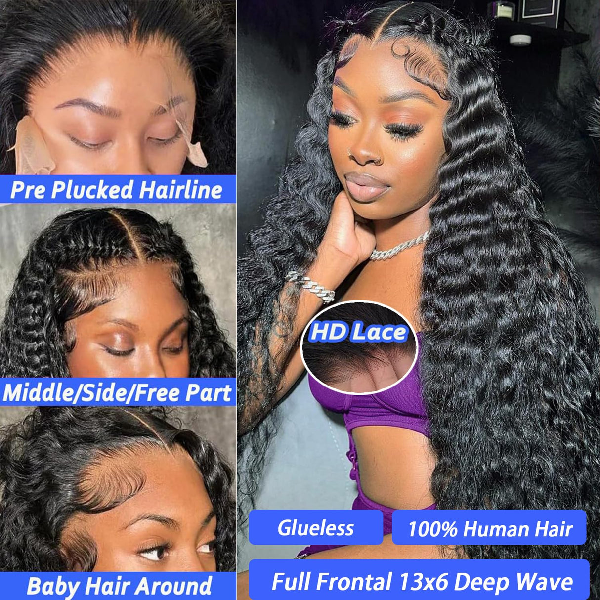 Manorshen Deep Wave Lace Front Wigs Human Hair 180% Density 13x6 HD Transparent Glueless Pre Plucked Deep Curly Wig Wet and Wavy Human Hair Wigs for black Women Natural Color with Baby Hair (22 Inch