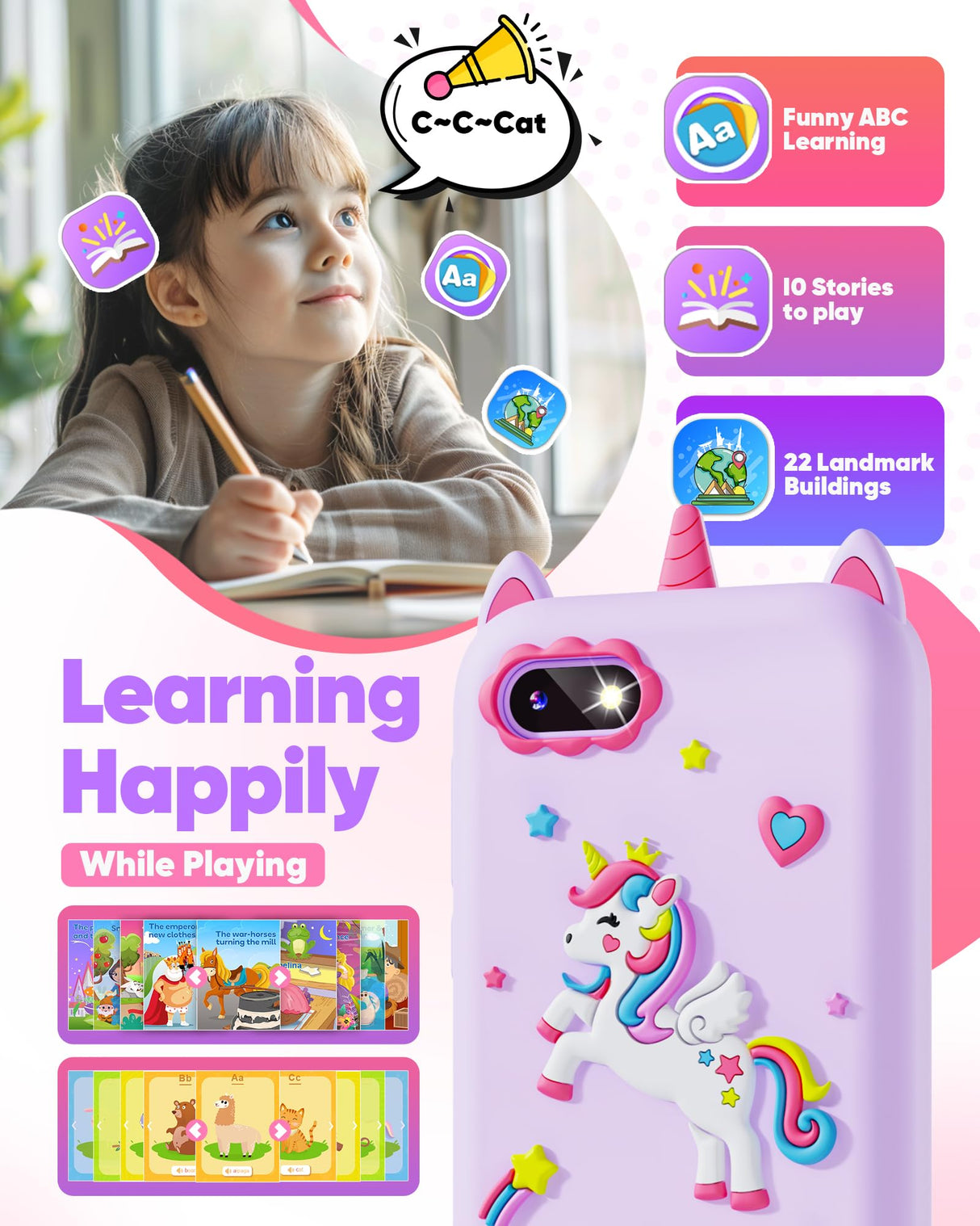 Fiechcco Gifts for Girls Age 6-8 Smart Phone Easter Christmas Stocking Stuffers for Kids Toy for Teenage 3 4 5 7 9 6 8 Year Old Birthday Gift Ideas with 8G SD Card (Purple)