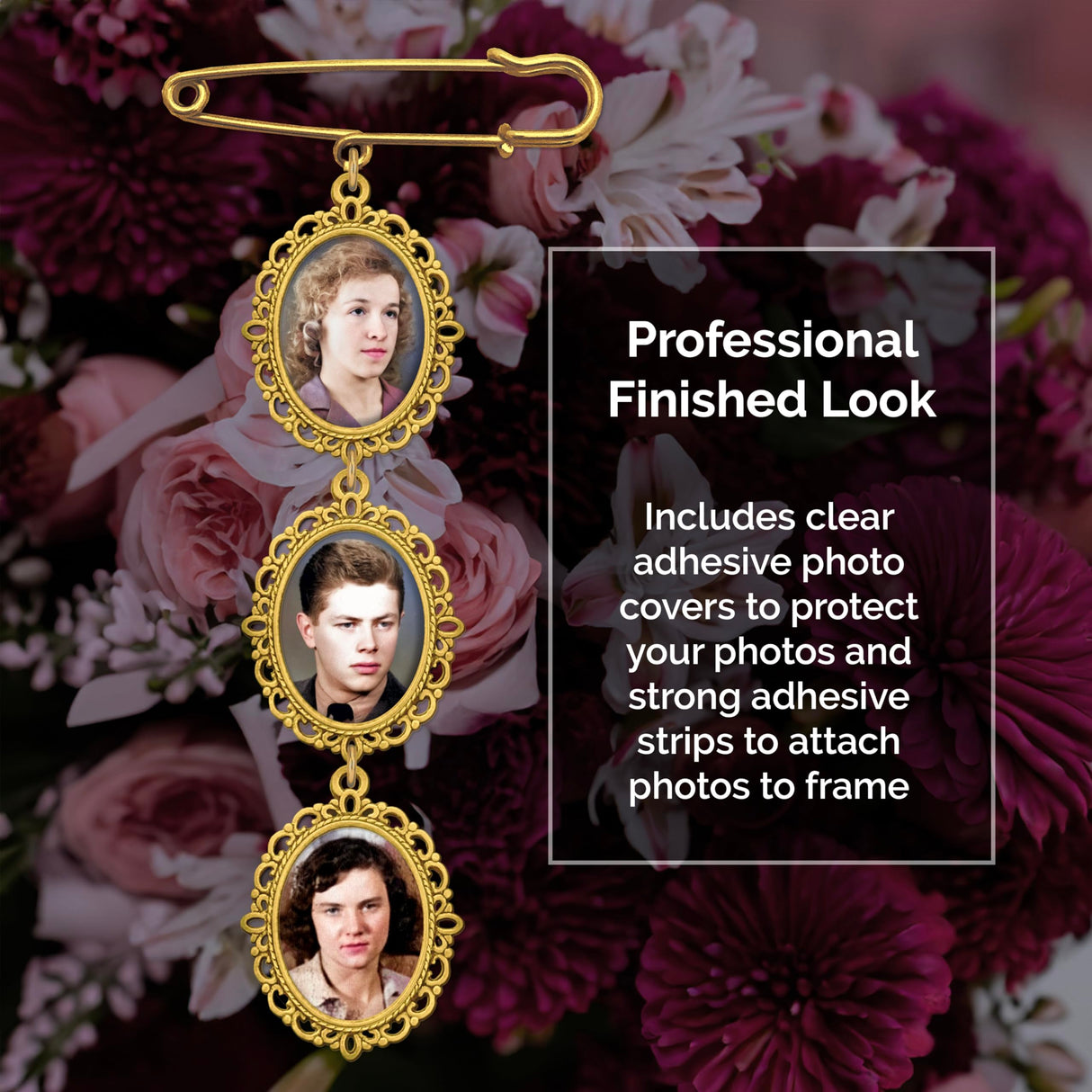 Wedding Bouquet Memorial Remembrance Photo Charm Gold Holds 3 Pictures