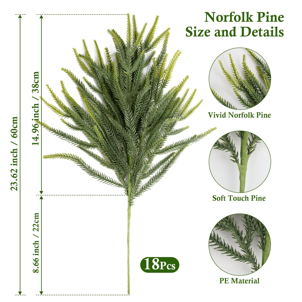 N&T NIETING 24in Christmas Norfolk Pine Branches Pine Artificial Christmas Branches Real Touch Faux Norfolk Pine Stems for Xmas Indoor Outdoor Home Decor DIY Crafts (18 Pcs)