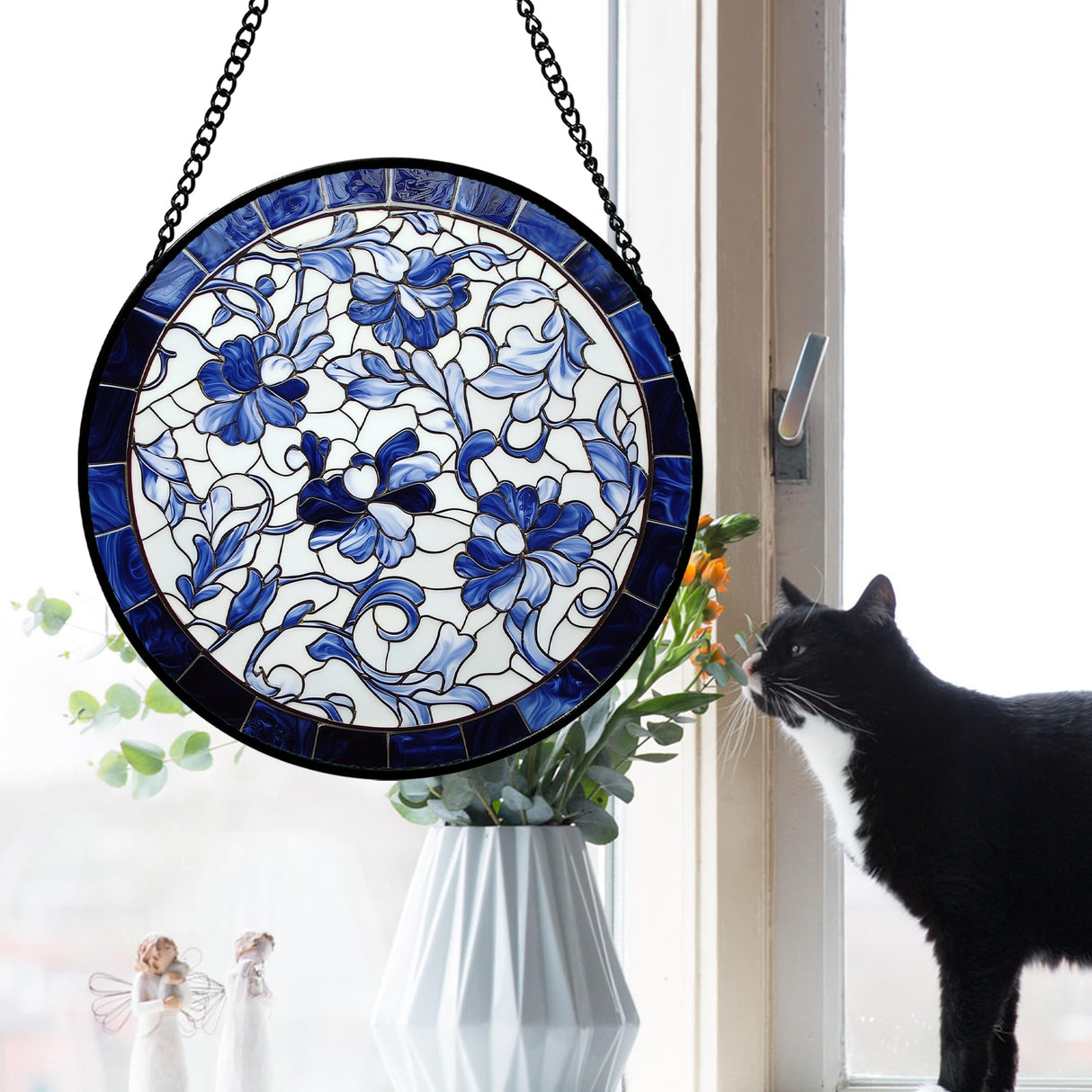 AMDERVEN Stained Glass Window Hanging, Blue and White Abstract Flowers Sun Catcher for Door Home Decor Suncatcher Christmas Mother's Day Birthday Gifts for Women Men Mom and Nana 9.8 in