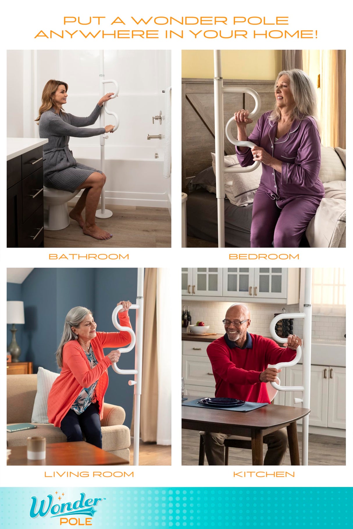 Stander Wonder Pole, Security-Pole and Curve Grab Bar, Tension Mounted Floor to Ceiling Transfer-Pole for Seniors, Elderly Adults, Bathroom Safety Assist and Stability Rail, White