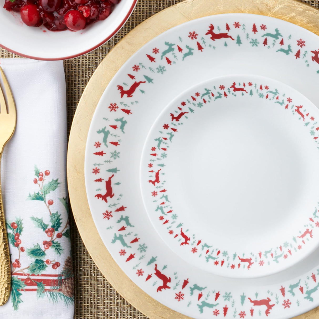 Corelle Vitrelle 18-Piece Christmas Service for 6 Dinnerware Set, Triple Layer Glass and Chip Resistant, Lightweight Round Holiday Plates and Bowls Set, Be Merry