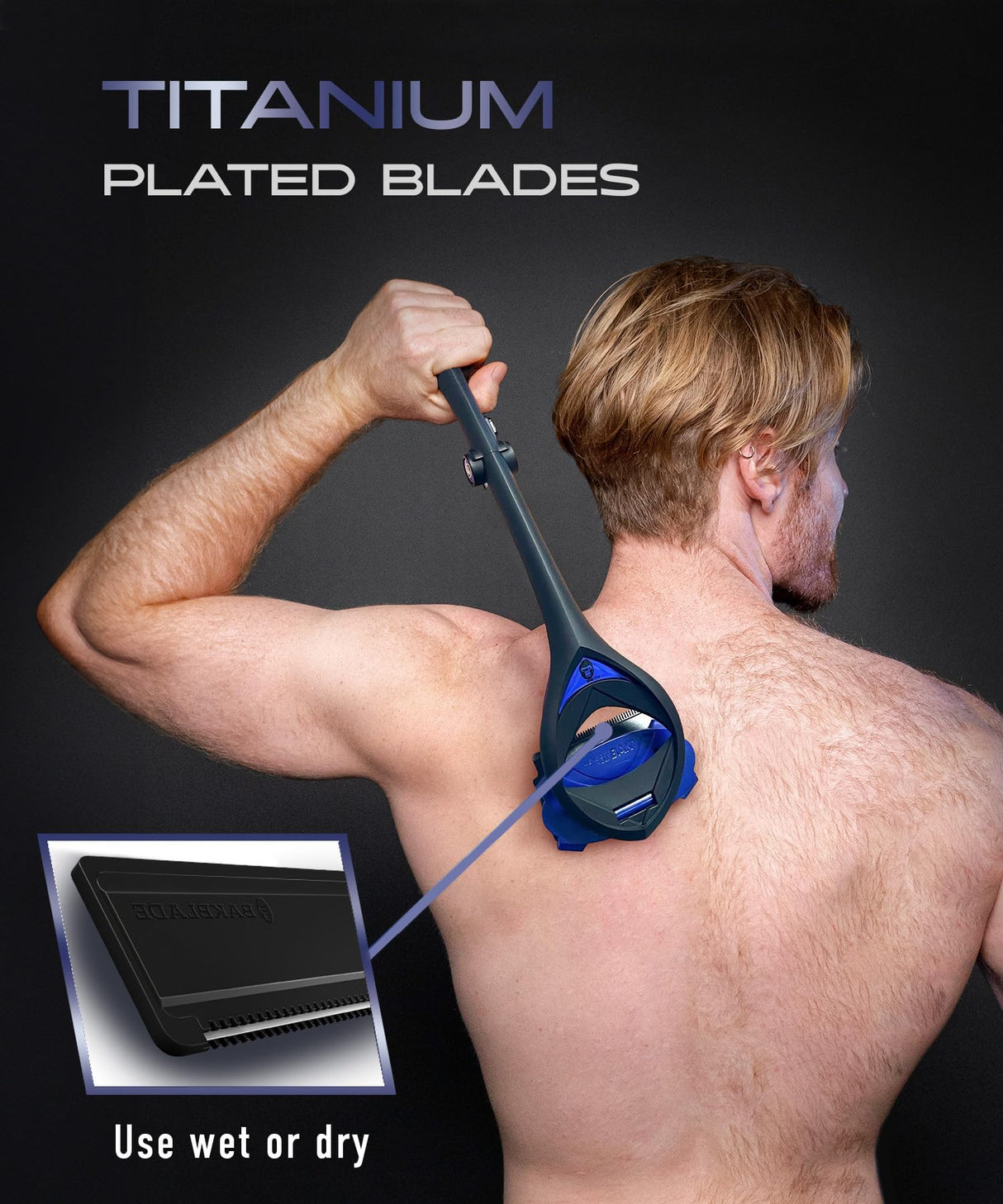 BakBlade 3.0 Stealth - Back Shaver for Men, Extra Long 23" Ergonomic Handle for a Close, Pain-Free Shave, The Ultimate Back Hair Trimmer for Men, +3 Extra Back Blade Refills