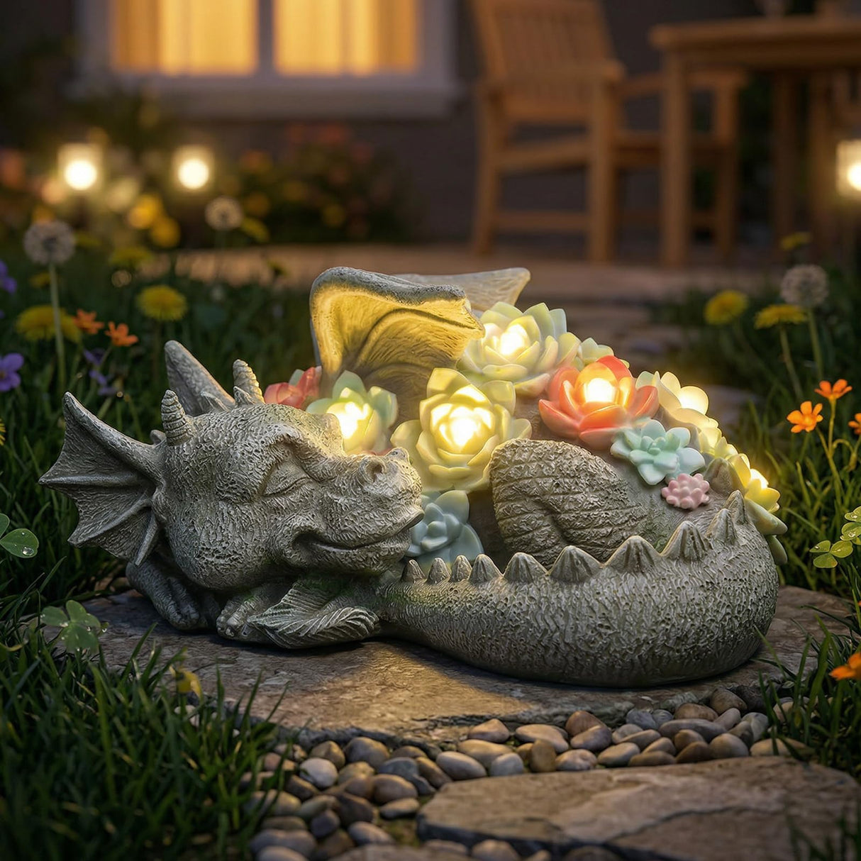Garden Dragon Statue Outdoor Decor, Coiled Sleeping Dragon Figurine with Solar Light Succulent, Waterproof Resin Garden Sculpture for Outside Lawn Patio Yard Ornament