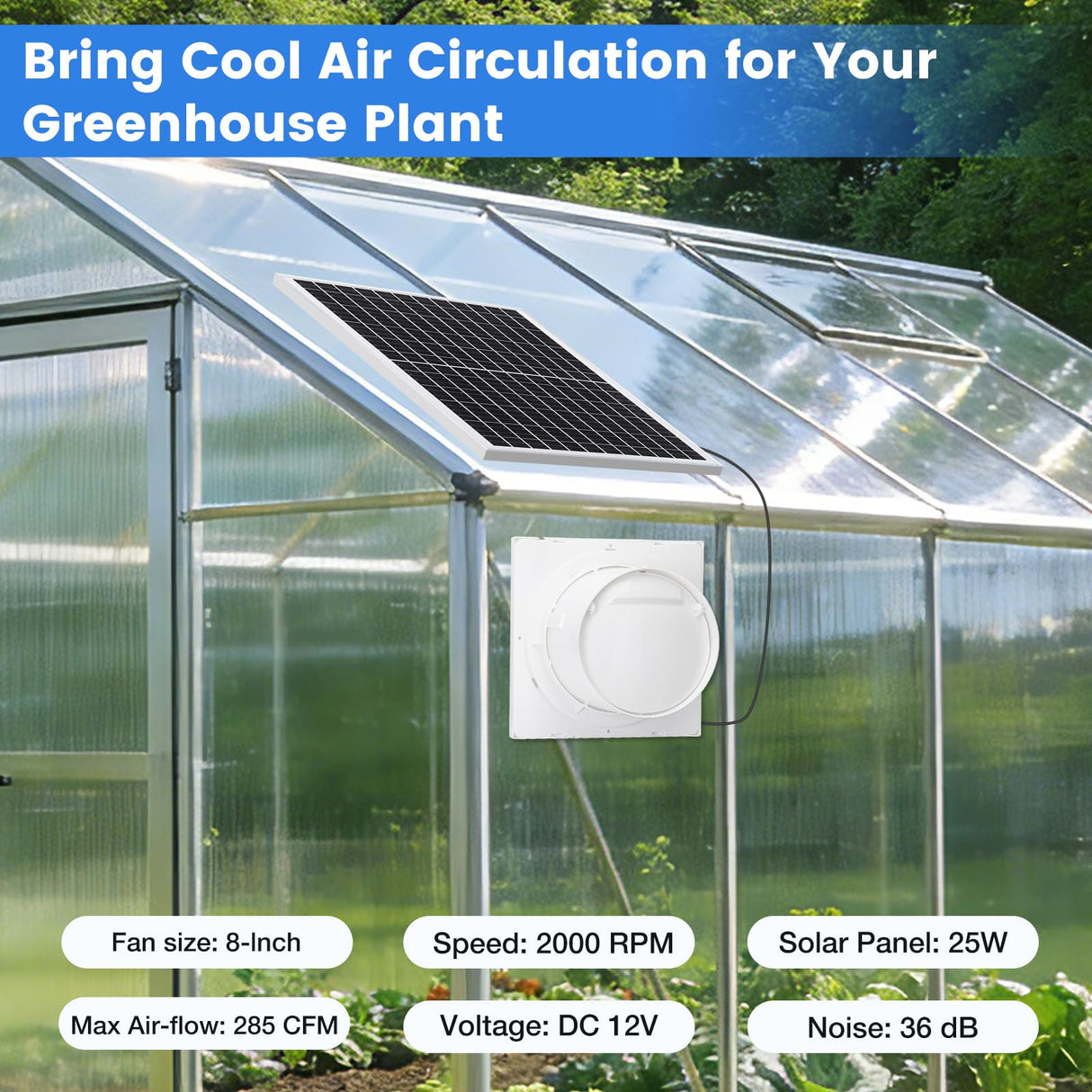 Fanspex Solar Exhaust Fan, Solar Powered Vent Fan Kit for Outside Greenhouse Shed Chicken Coop (8" Fan)