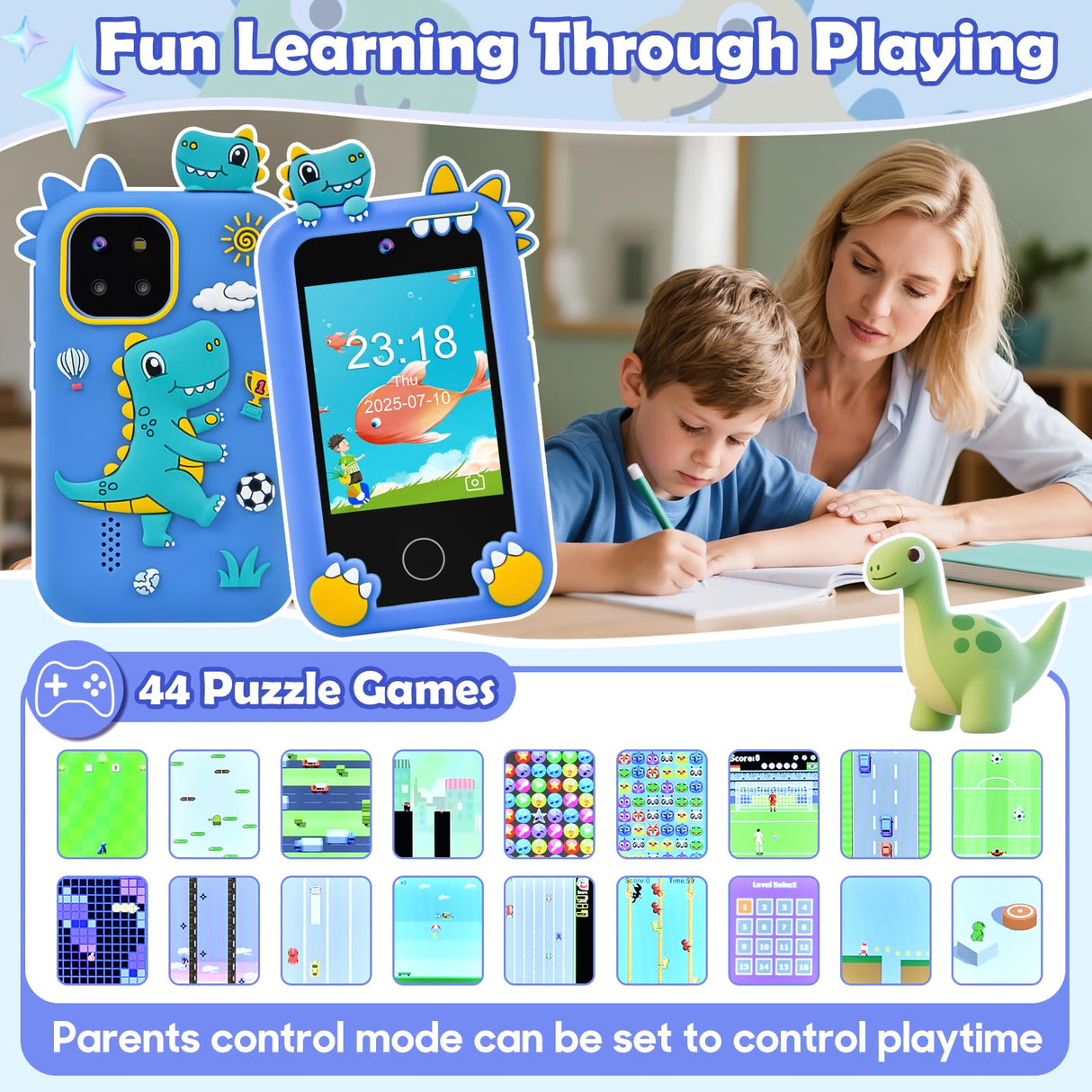 Jusvenmt Kids Phone for Boys, Dinosaur Toy Phone Christmas Birthday Gifts for Boy Ages 3-10, Toddler Learning Phones with Touchscreen, 44 Game, Dual Camera, Music Player, 32GB Card & Dino Bag (Blue)