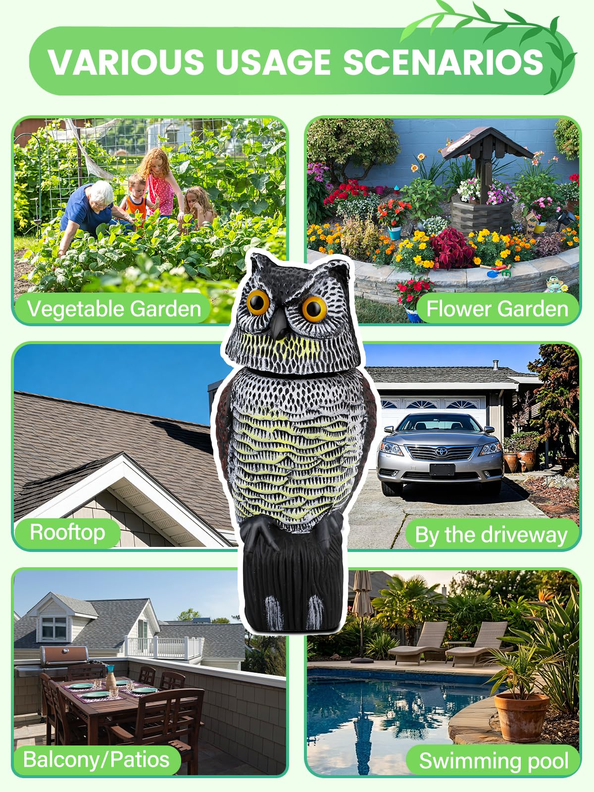 Pestvanish Owl Decoys to Scare Birds Squirrels Away, 360 Rotating Head Activated, Fake Owl Statues Repellent Pest Hawk Squirrel Cats Chickens Pigeon Bird Deterrents for Outside Garden Patios Backyard
