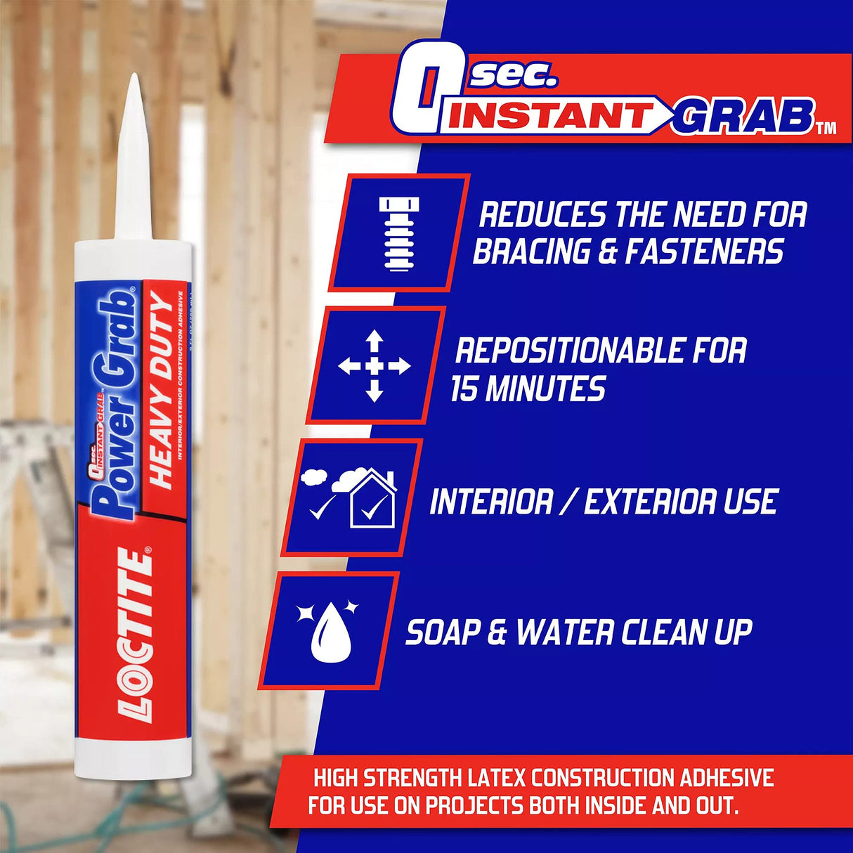 Loctite Power Grab Express Heavy Duty Construction Adhesive, 9 fl oz Cartridge, 6 Pack - Versatile Construction Glue for Wood, Wall, Tile, Foam Board & More