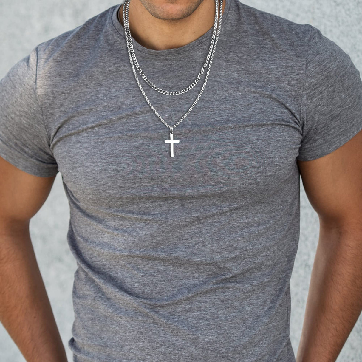 Yooblue Cross Necklace for Men, Mens Necklace Silver Layered Rope Chain Cross Pendant Simple Necklace Jewelry Gifts Dainty Cross Chain Necklace for Men 22 24 Inch Mens Gifts