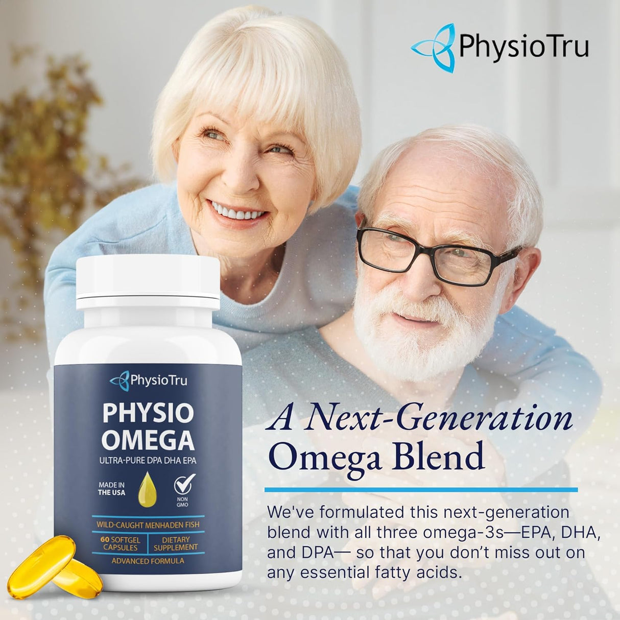 Physio Omega - Omega 3 Supplement - Sustainably Sourced - with DPA, EPA, and DHA - Burpless Fish Oil - 1 Pack