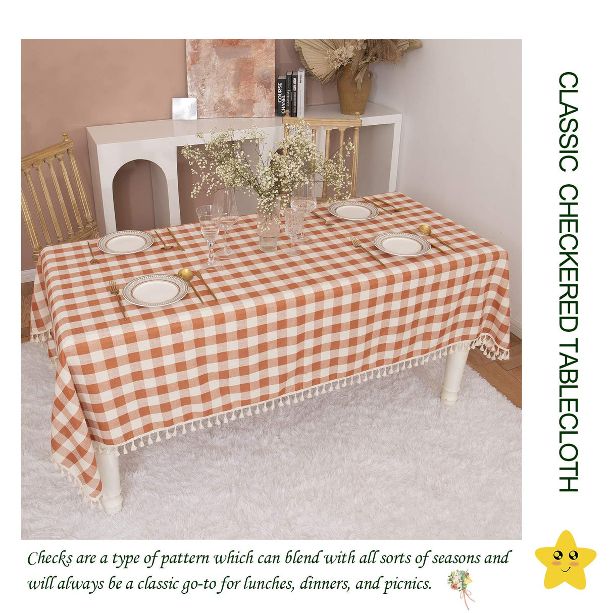 Midsummer Breeze Rustic Gingham Tablecloth, Cotton Buffalo Plaid Table Cloth for Fall Thanksgiving Christmas Kitchen Restaurant Holiday Outdoor Picnic Decoration(Rectangle/Oblong, 55x84,Orange