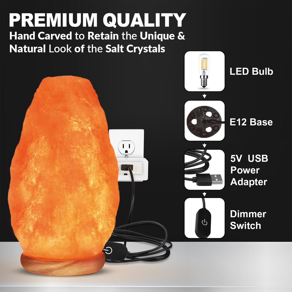 WBM LLC Himalayan Glow Natural Pink Salt Lamp, Crystal Salt Lamp Night Light with (ETL Certified) Brightness Control Dimmer Switch, Wooden Base & Salt Lamps Bulb | 6-8 LBS, Model Number: 1001
