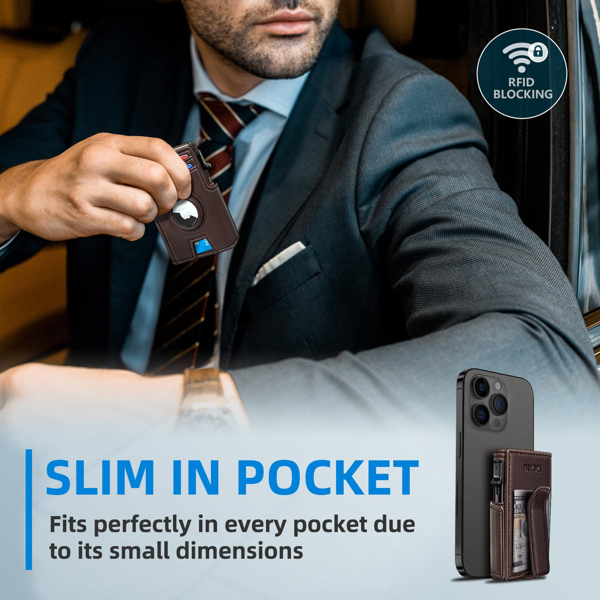 miyozi Airtag Wallet for Men,with Money Clip 10 Cards Metal Case Smart Slim Pop Up Credit Card Holder Flip with Magnetic Closure RFID Blocking wallet with Gift Box