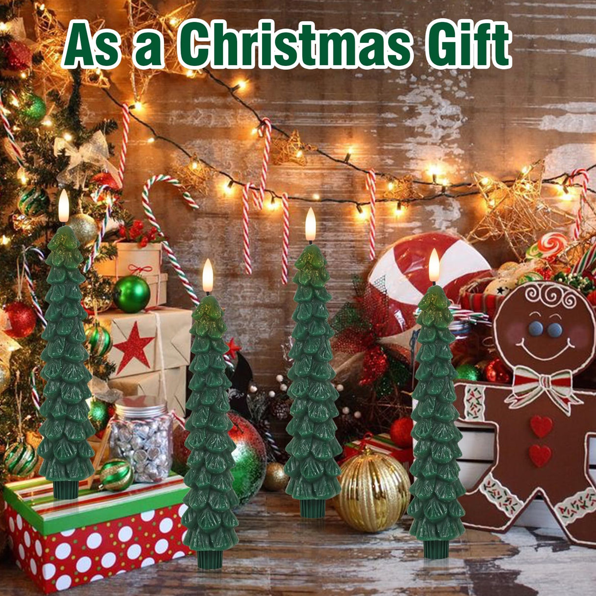 Lasumora Christmas Tree Candles with Remote Timer, 4 Pcs Waxy Flameless Taper Candles Flickering, Battery Operated LED Candlesticks with 3D Flame Wick, Green Window Candle for Christmas Decorations