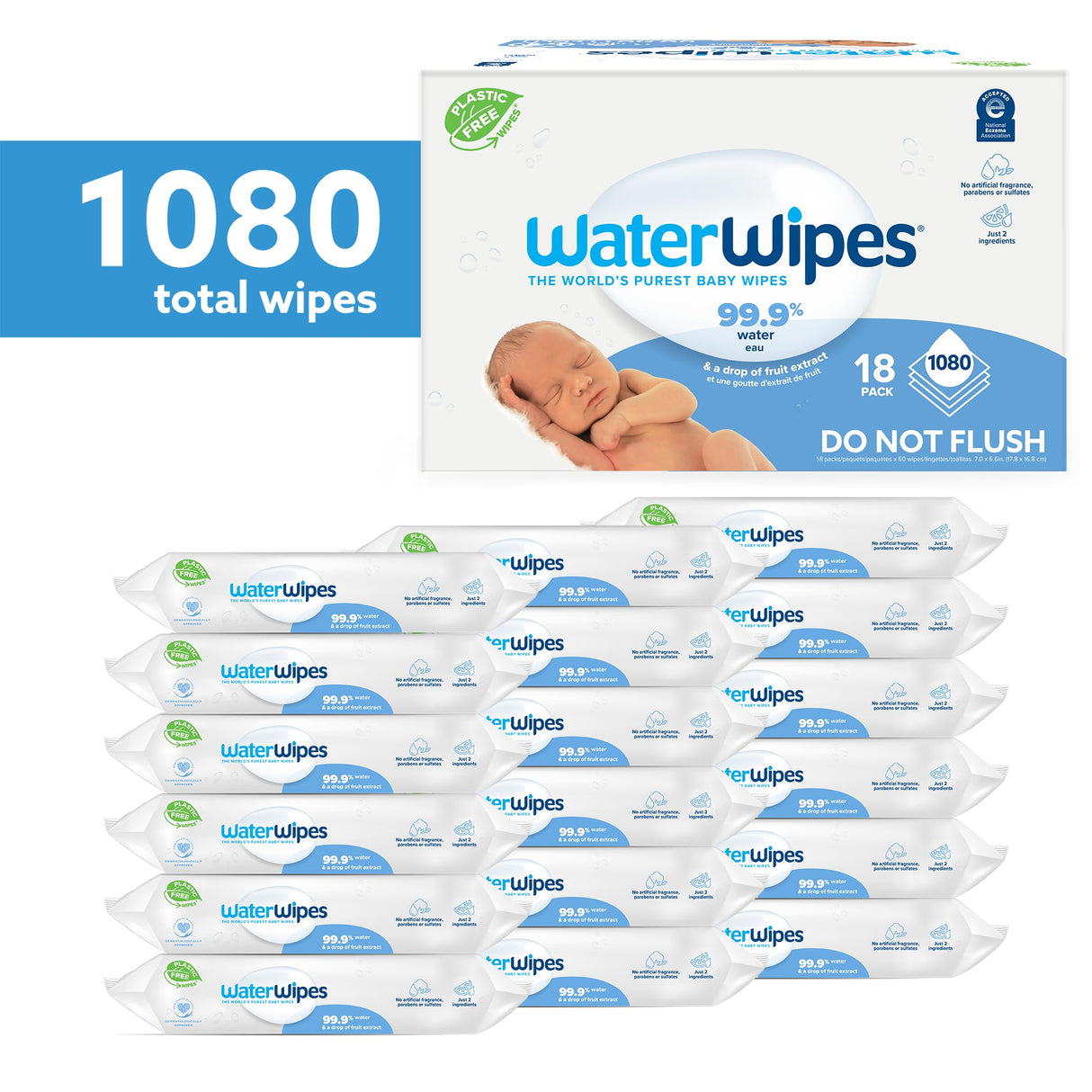 WaterWipes Plastic-Free Original Baby Wipes, 99.9% Water Based Wipes, Unscented & Hypoallergenic for Sensitive Skin, 1080 Count (18 packs)