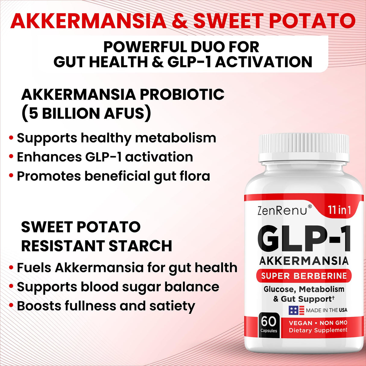 Zenrenu GLP-1 Supplement for Women-Natural Appetite,Craving & Loss Support – Akkermansia Probiotic, Super Berberine & Cinnamon,11-in-1 Gut & Metabolism Support - GLP1 Activate -60 Vegan Caps