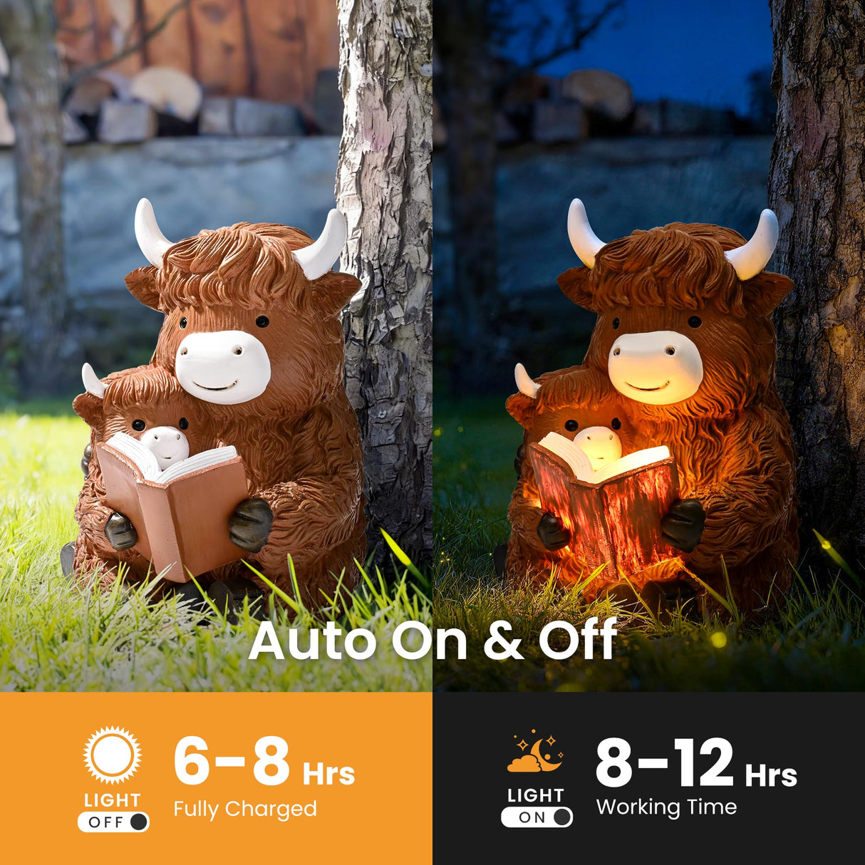 GIGALUMI Solar Highland Cow Decor 8" Garden Statue, Outdoor Decor, Decoration with Light for Patio Yard Lawn Balcony, Christmas/Birthday Gifts for Mom Women