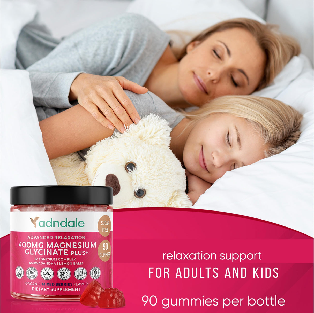 Adndale 90 CT Magnesium Glycinate 400 mg Gummies with Ashwagandha, Magnesium Malate & Taurate, Sugar Free Magnesium Gummies for Adults & Kids.