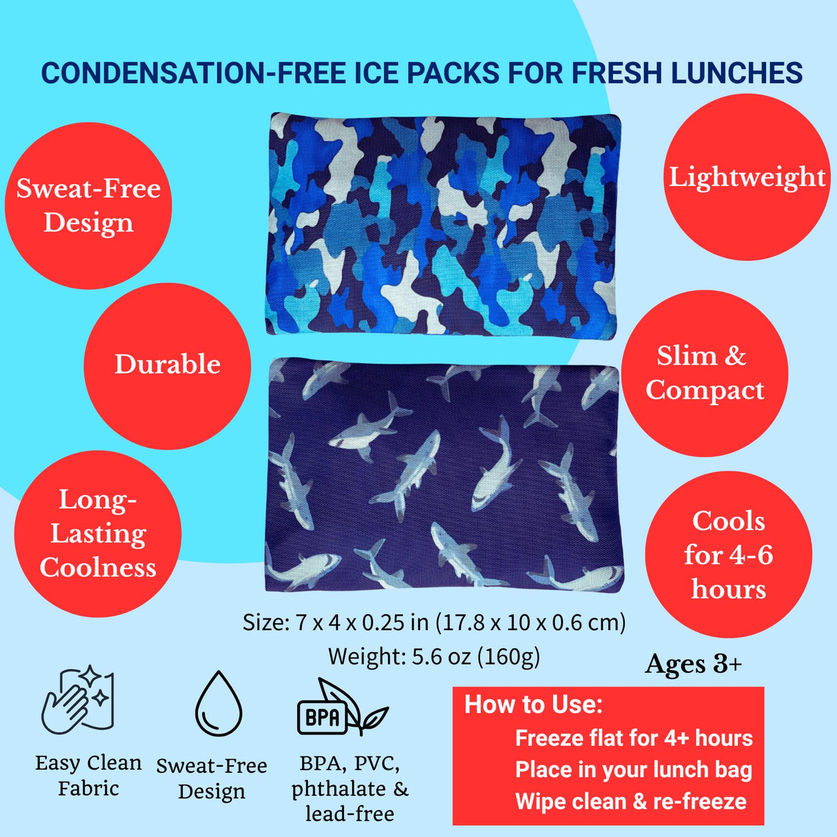 Yumbox Reusable Soft Gel Ice Packs for Lunch Boxes – Sweatproof Kids Lunchbox Ice Packs (Set of 2, 6.5″ × 7.5″)(Camo & Shark)