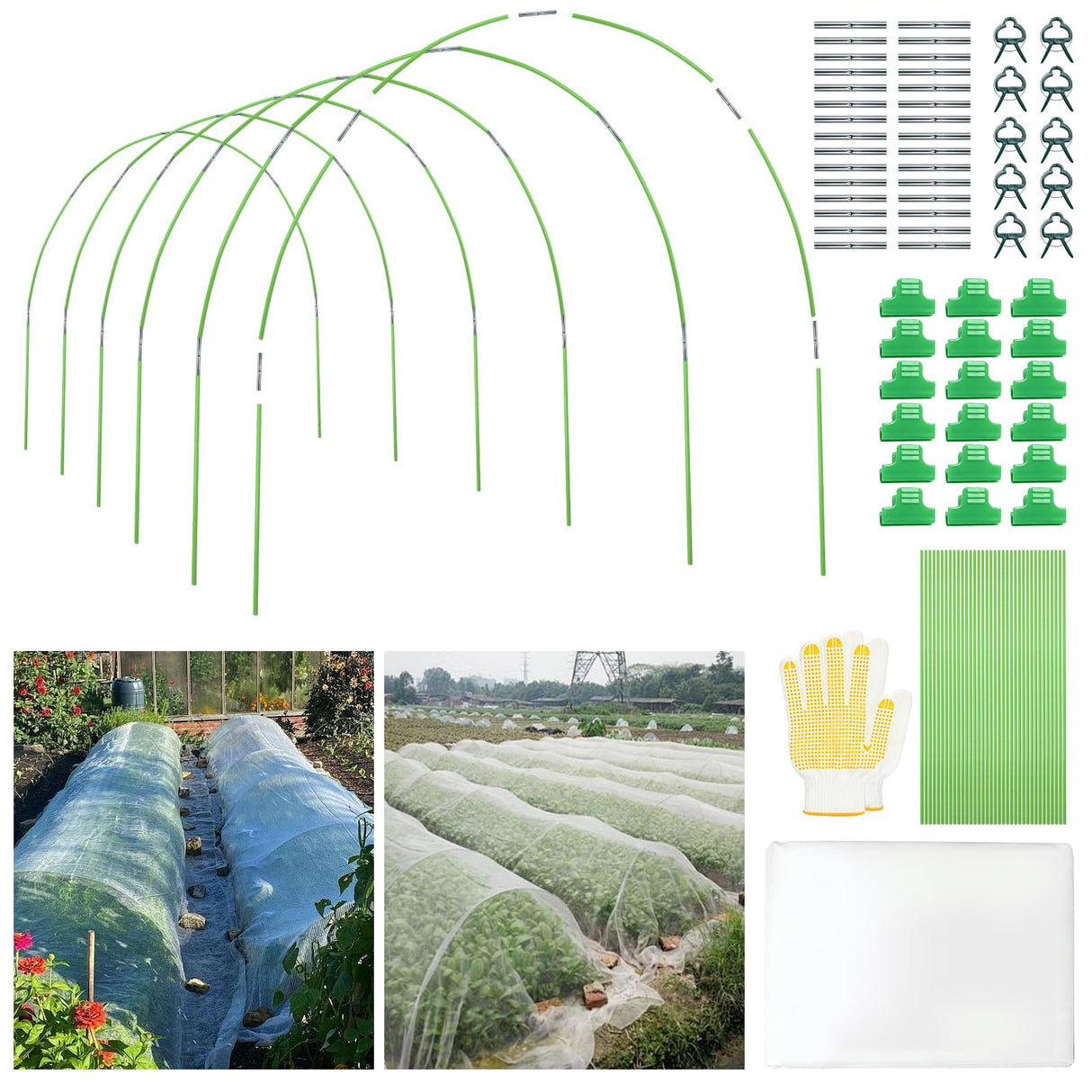 Saihisday Garden Netting Kit for Raised Beds, 10x30FT Ultra Garden Mesh Netting& 36Pcs 17 Inch Fiberglass Garden Hoops Row Cover Insect Netting Vegetables Fruits Flowers Protection from Insect Bird