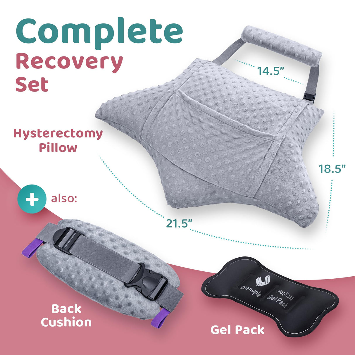Zomaple Recovery Hysterectomy Pillow with Strap, Gel Pack & Lumbar Support – Post Abdominal Surgery Must Haves – Ideal for C-Section, Laparoscopic & Hernia Healing Comfort