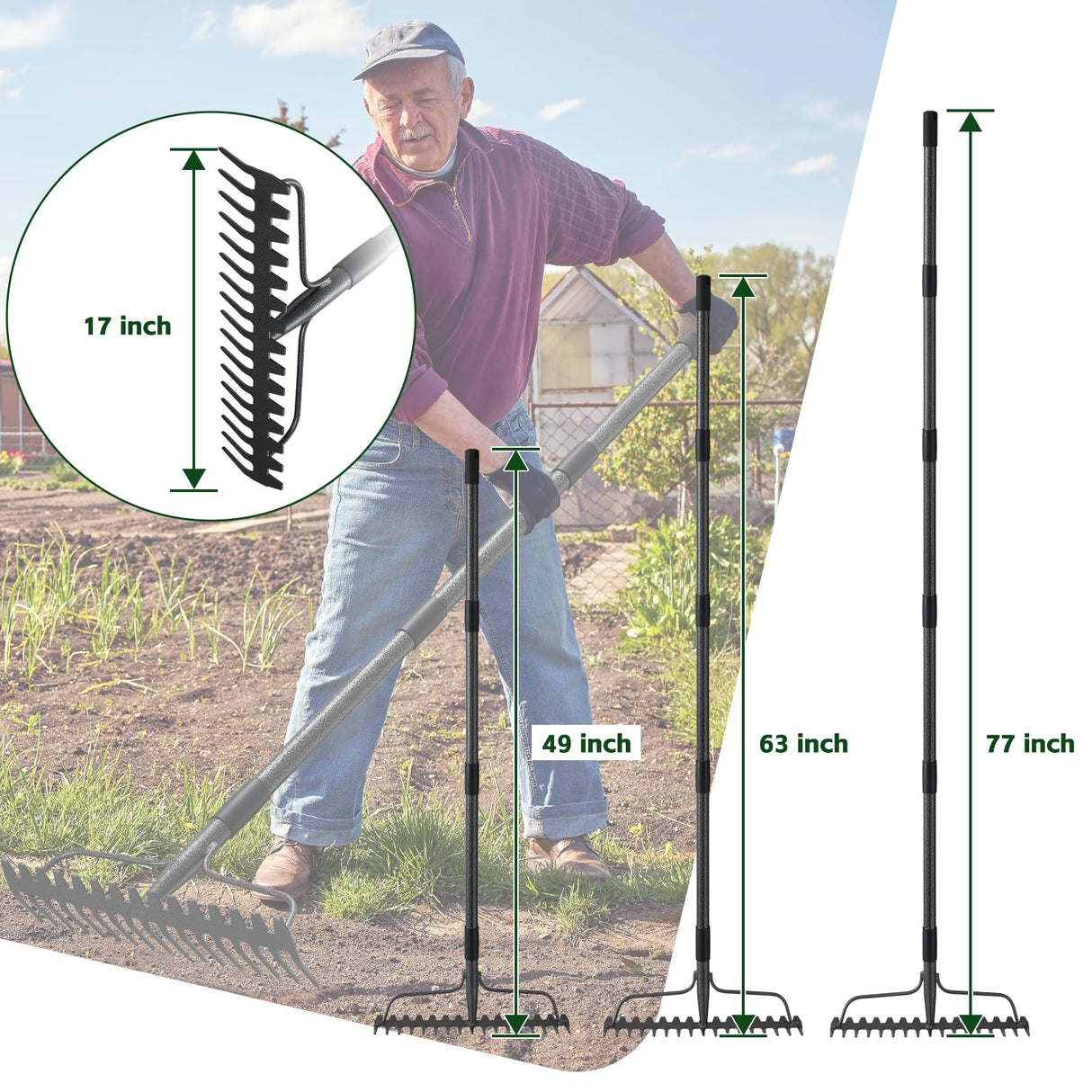 49'' Bow Rake ,17 Tines Metal Head Rakes with Stainless Steel Handle,Heavy Duty Garden Rake for Loosening Soil Gathering Leaf Leveling Lawn Farming Land Management Yarn Thatch Rake