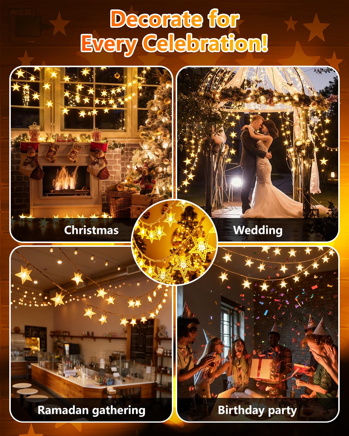Twinkle Star 2 Pack 100 LED Star String Lights, Plug in Fairy String Lights Waterproof, Extendable for Indoor, Outdoor, Wedding Party, Christmas Tree, New Year, Garden Decoration, Warm White